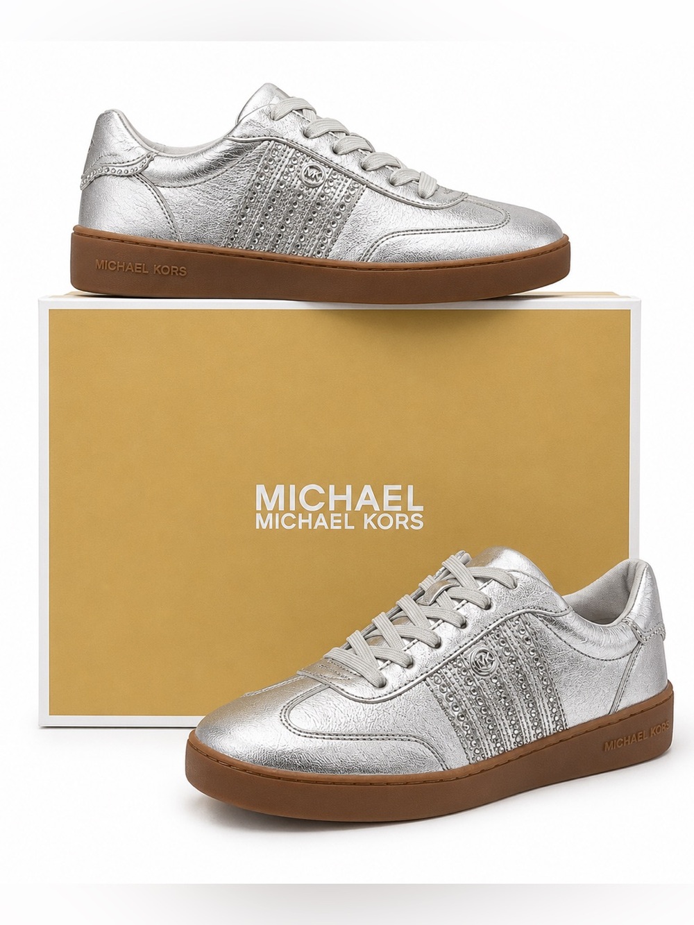 Michael Kors Scotty Lace Up Metallic Silver w/Rhinestones Women's Sneakers 8.5